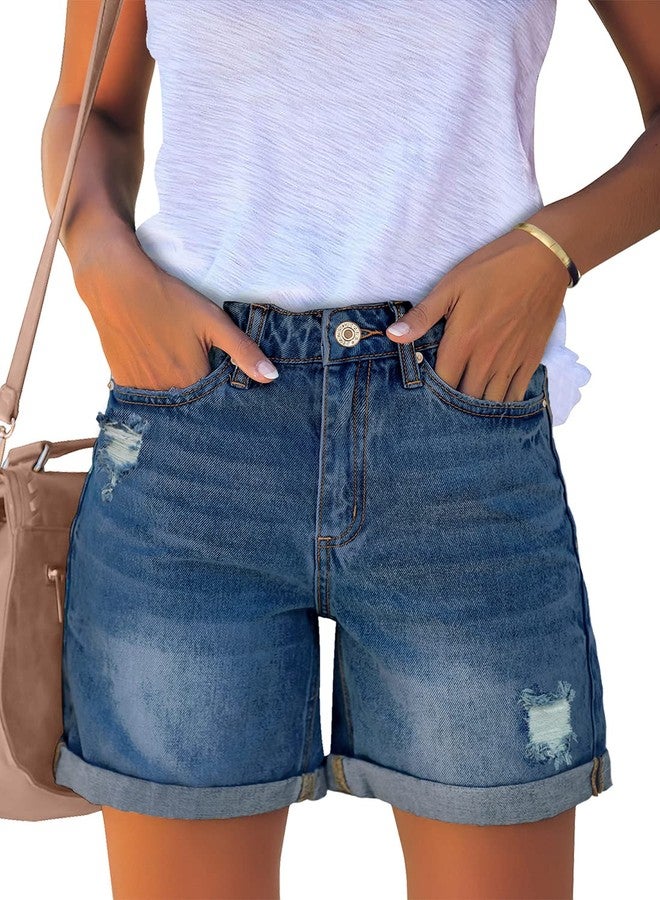 luvamia Women's Casual Ripped Denim Shorts High Rise Summer Destoryed Jeans Shorts Country Concert Outfits for Women After Dusk Blue Size Medium - Image 1